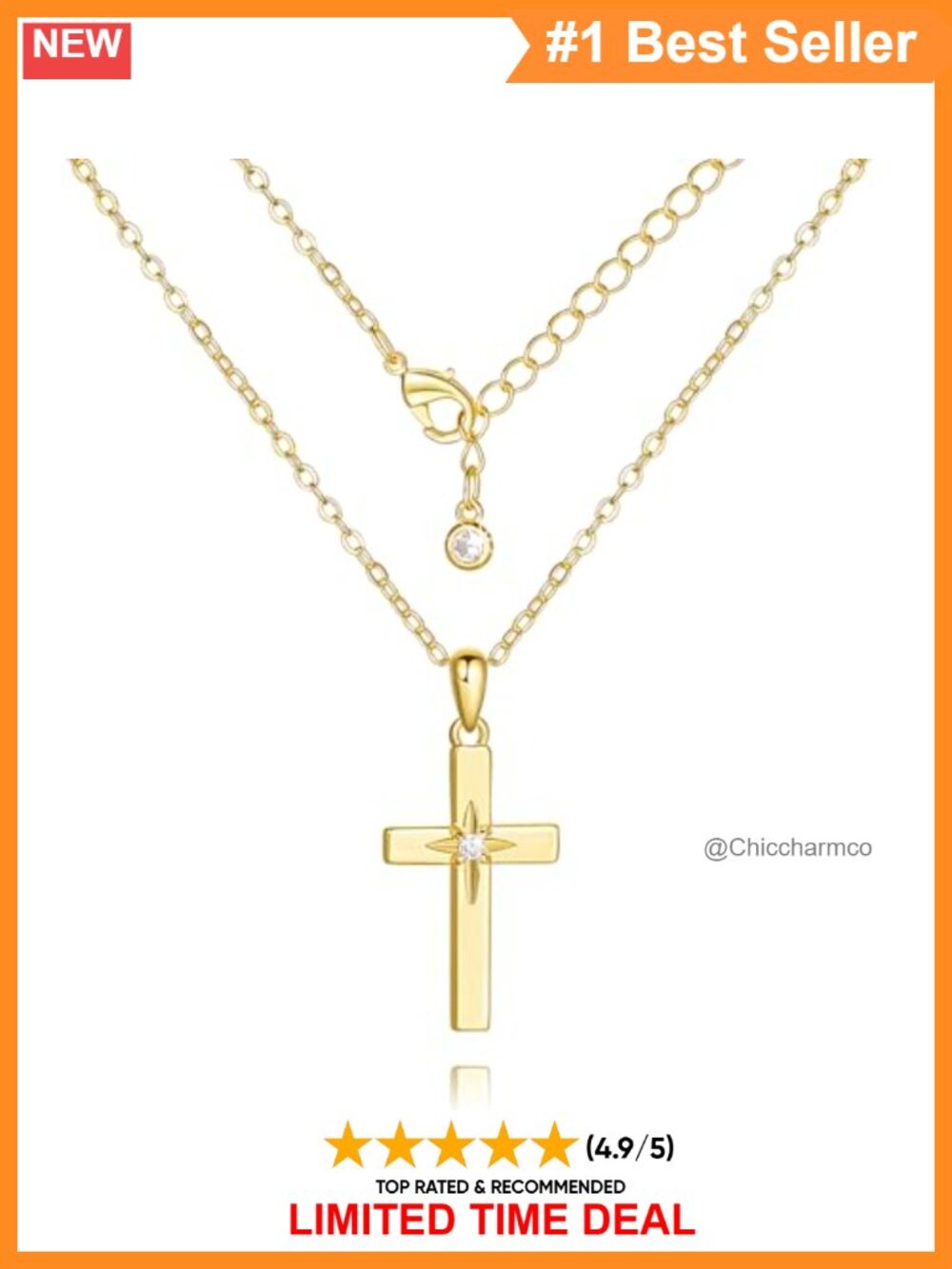 14K Gold Plated Cross Necklace Cubic Zirconia Pendant Women